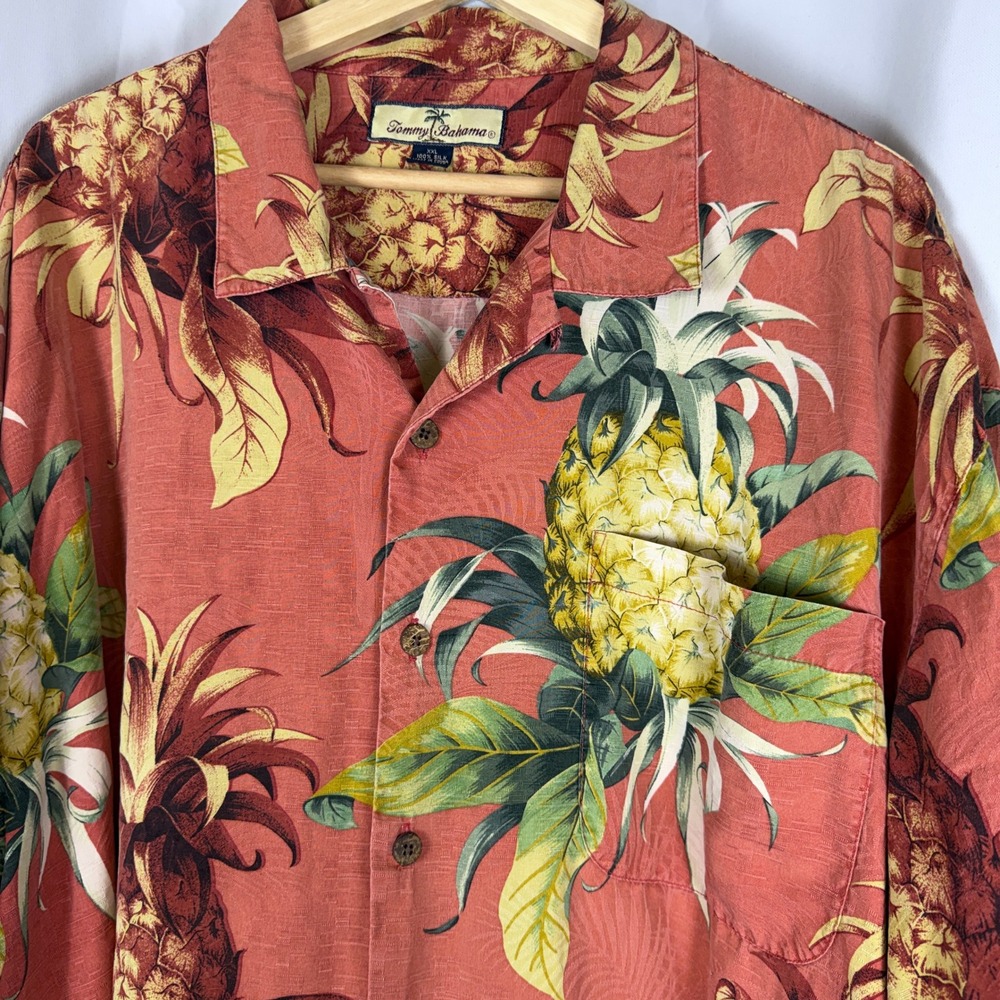Tommy Bahama Mens XXL Silk Pineapple Tropical Camp Shirt Coral Red Short Sleeve
